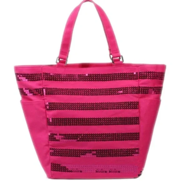 Victoria Secret Hot Pink Sequin Tote Canvas Striped Overnight Shoulder Bag New - Picture 3 of 14